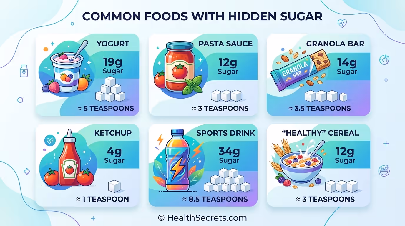 Infographie montrant le contenu caché de sucre dans les aliments courants avec des visuels de cubes de sucre