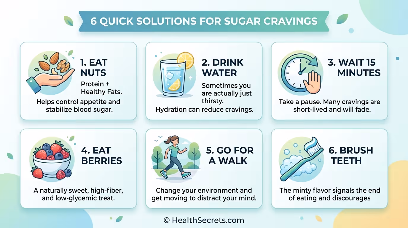 Guide visuel montrant six solutions rapides pour gérer les désirs de sucre pendant une élimination du sucre