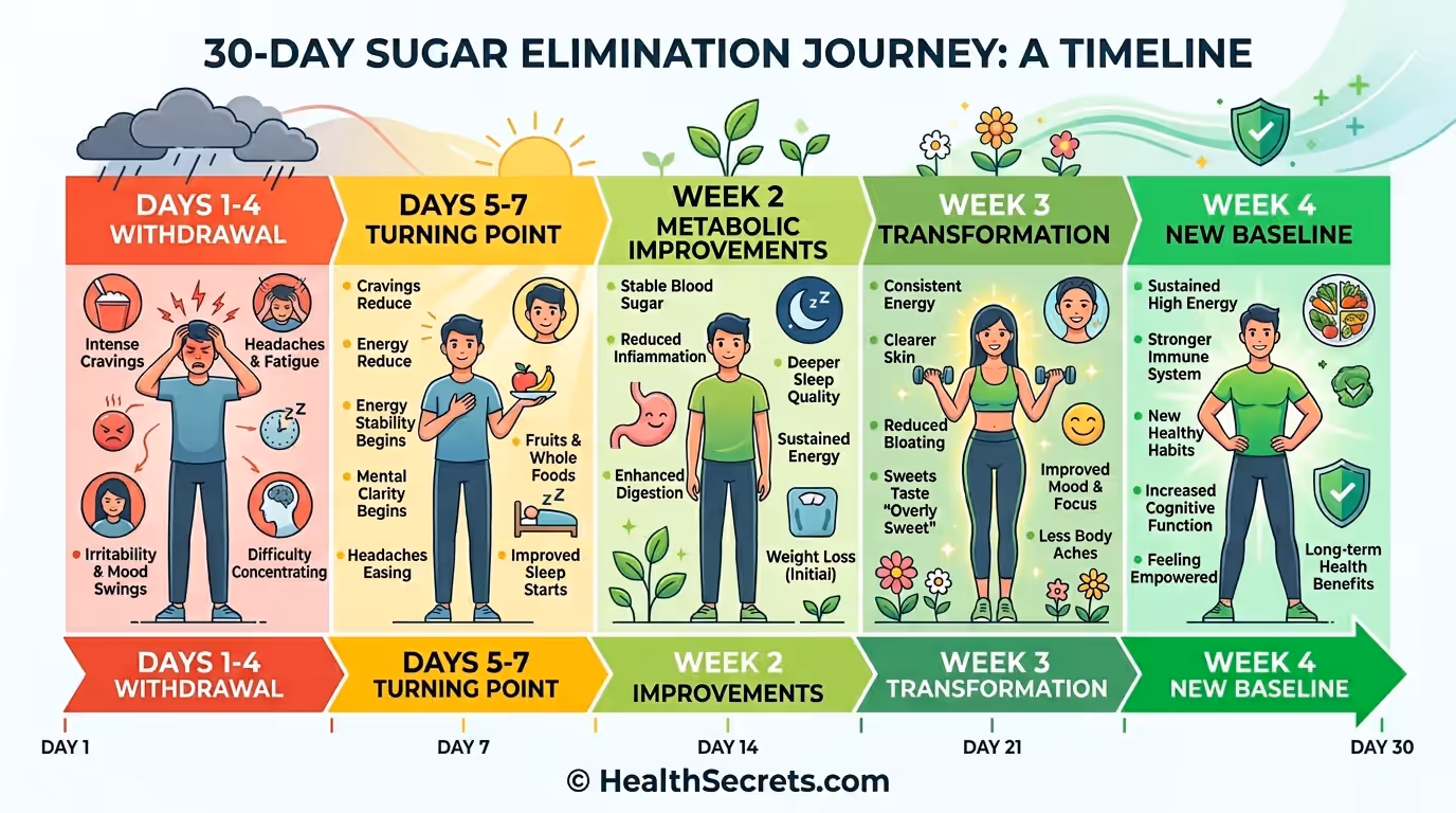 Chronologie sur 30 jours montrant les phases d'élimination du sucre, des symptômes aux transformations, avec des symptômes et améliorations