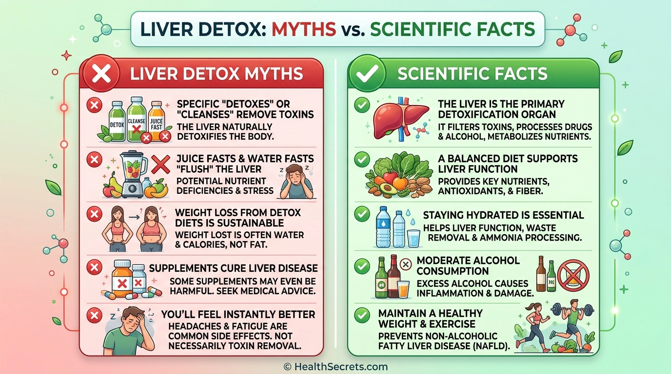 Comparație între miturile și faptele detoxifierii ficatului, arătând ce funcționează și ce nu