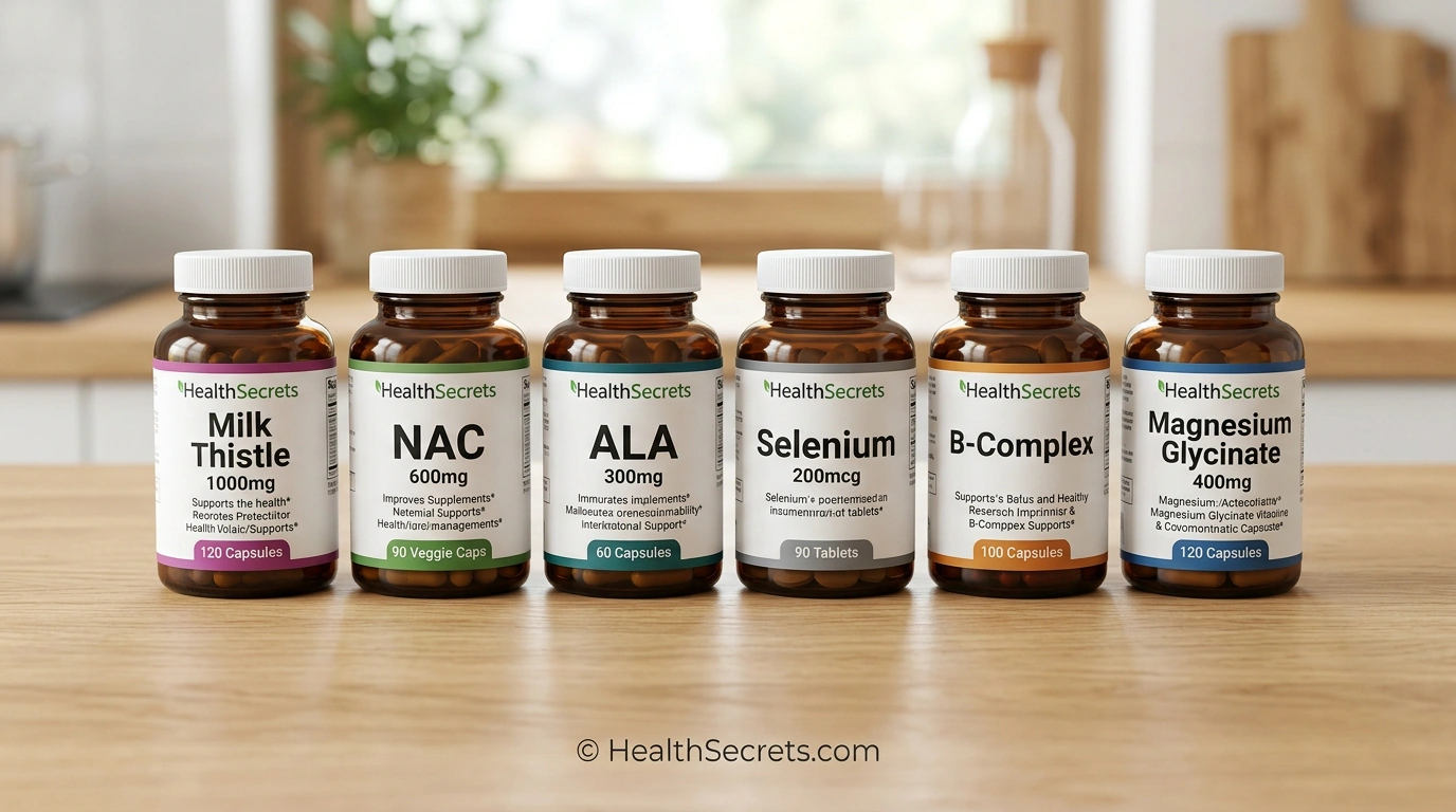 Stivă de suplimente pentru suport hepatic bazate pe dovezi, inclusiv armurariu, NAC și acid alfa-lipoic