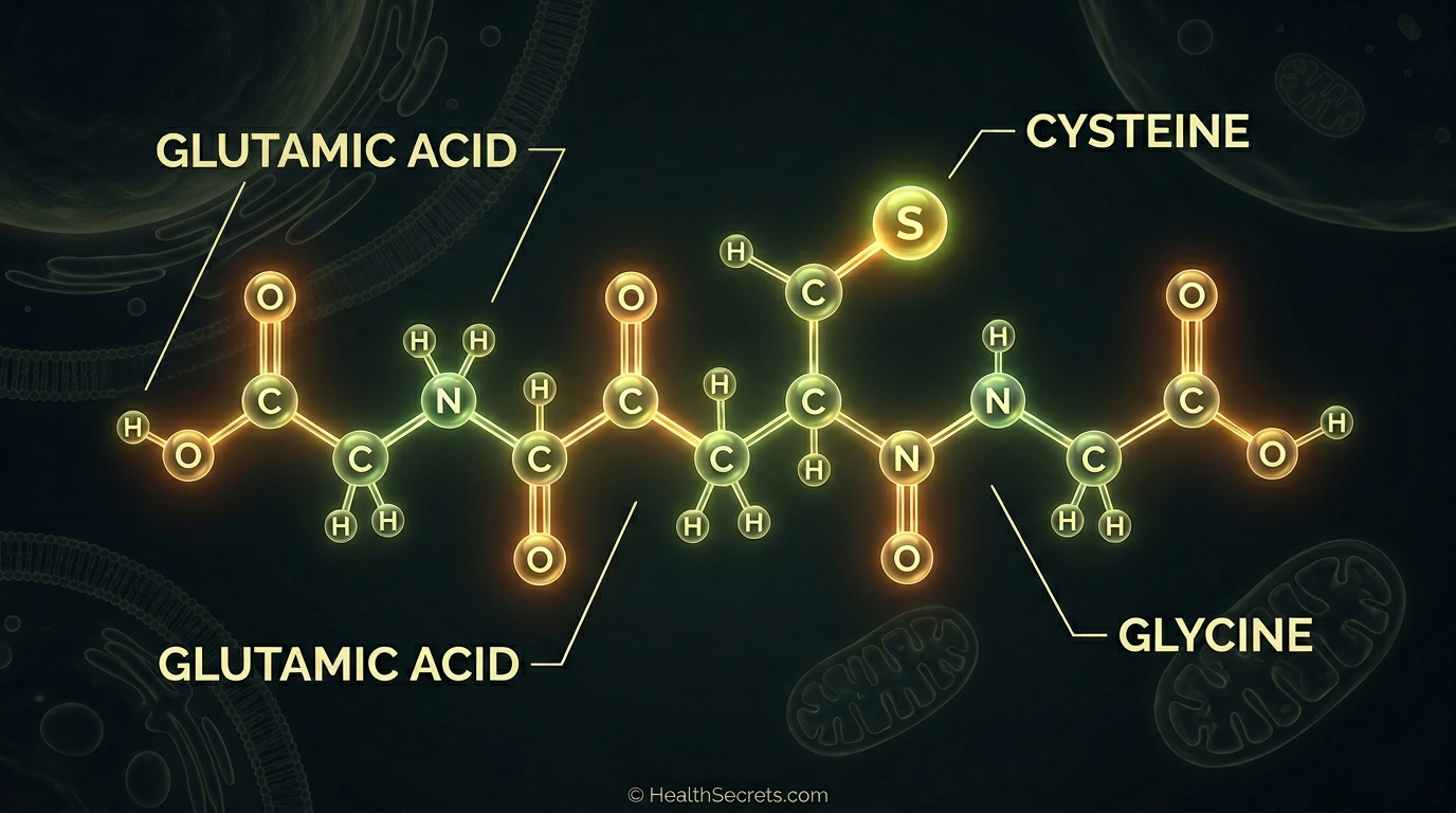 Infográfico ilustrando a via de desintoxicação hepática de Fase II da glutationa, desde a conjugação de toxinas até a eliminação