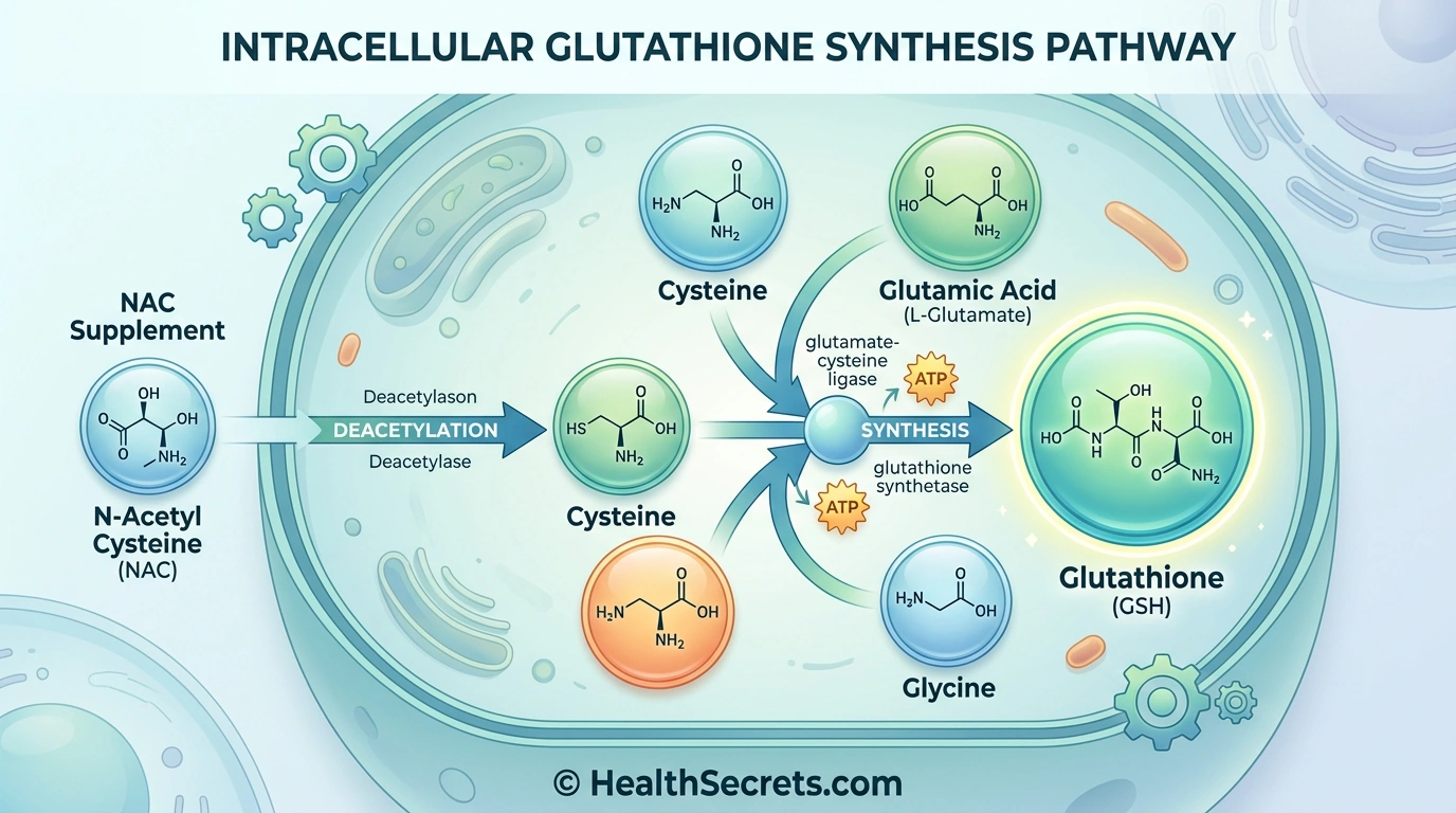 Diagrama mostrando como a NAC fornece cisteína para a síntese de glutationa com glicina e ácido glutâmico