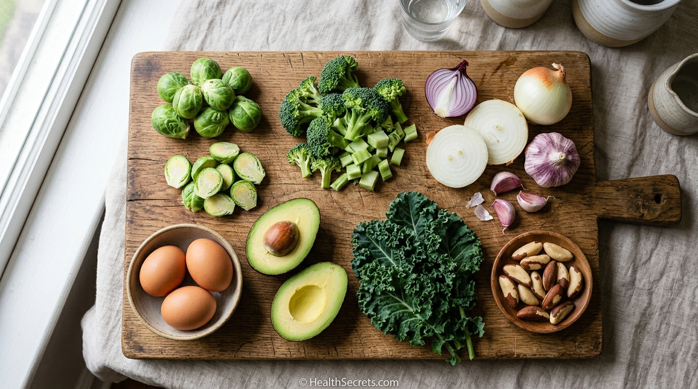 Alimentos ricos em enxofre que apoiam a produção de glutationa, incluindo brócolis, alho, cebola, ovos e vegetais crucíferos
