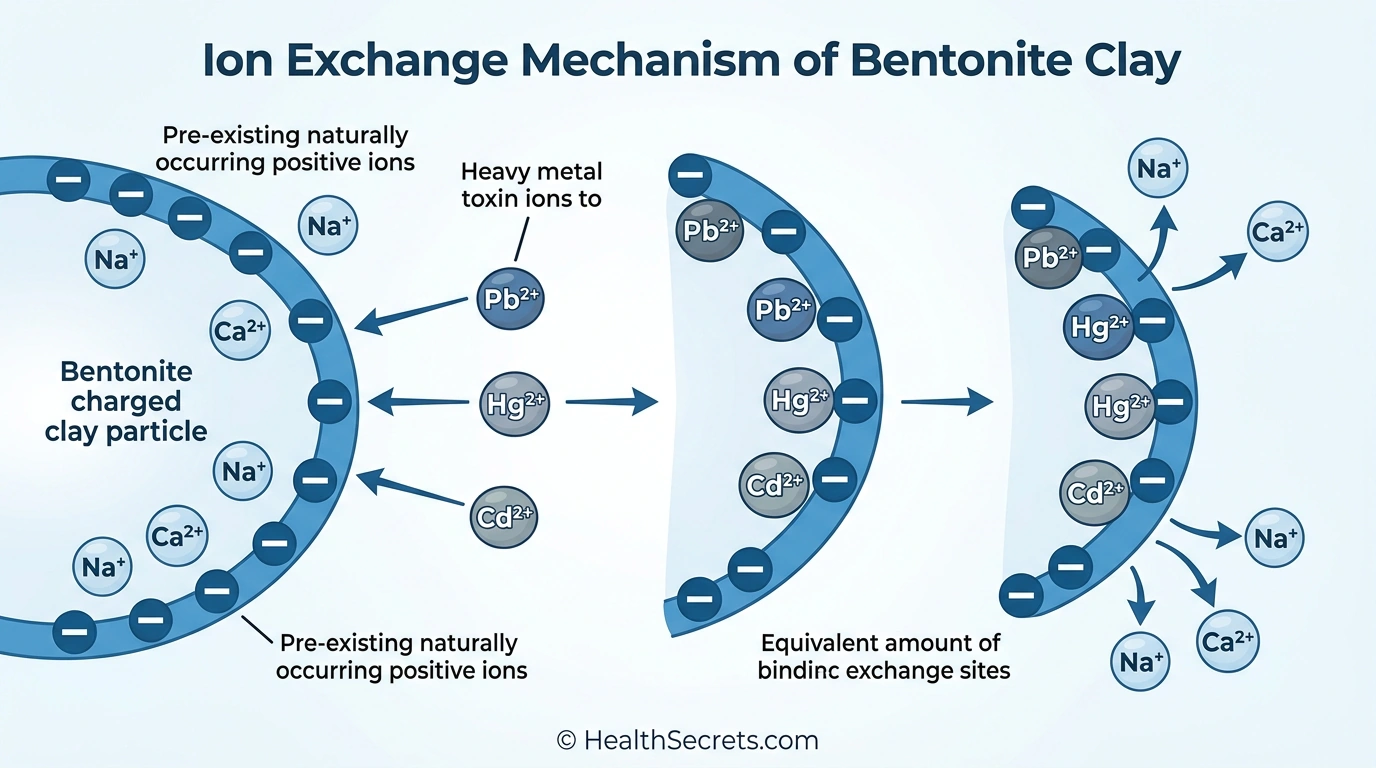 Diagramm, das den Ionenaustauschmechanismus von Bentonit-Ton zeigt, der Schwermetalltoxine bindet