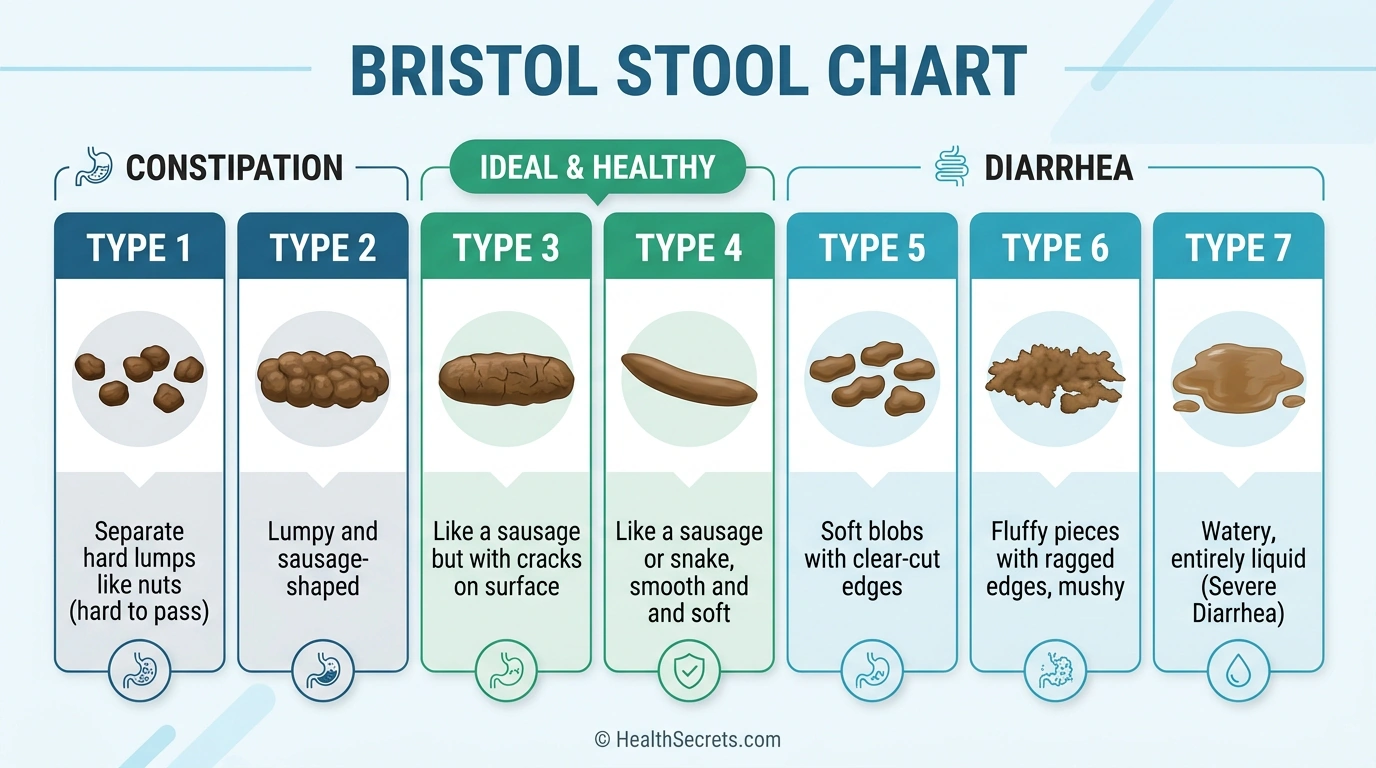 Tableau de Bristol montrant 7 types de selles avec les Types 3 et 4 soulignés comme idéaux