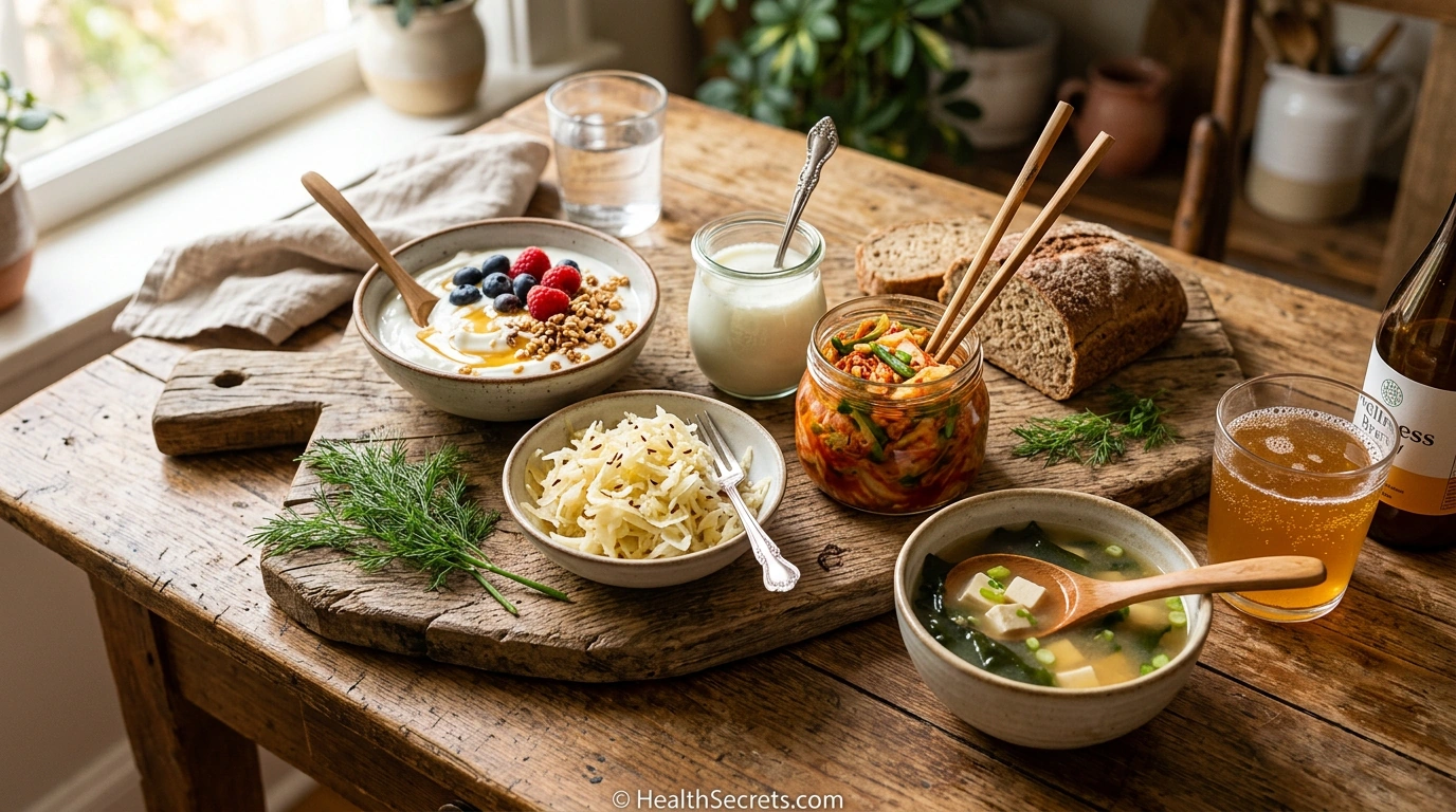 Aliments fermentés riches en probiotiques pour la santé du côlon incluant le yaourt, le kéfir, la choucroute, le kimchi et le kombucha