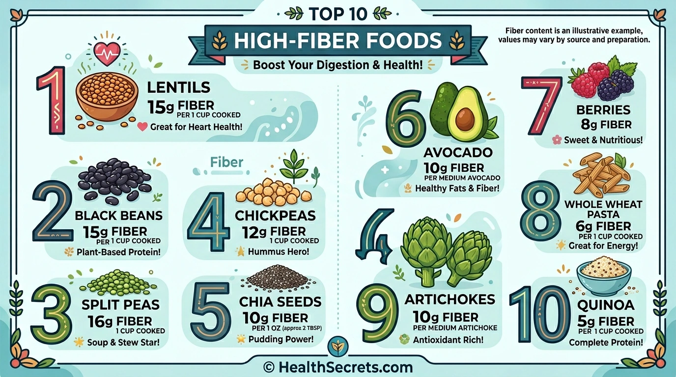 Infographie des aliments riches en fibres pour la santé du côlon avec le contenu en fibres par portion