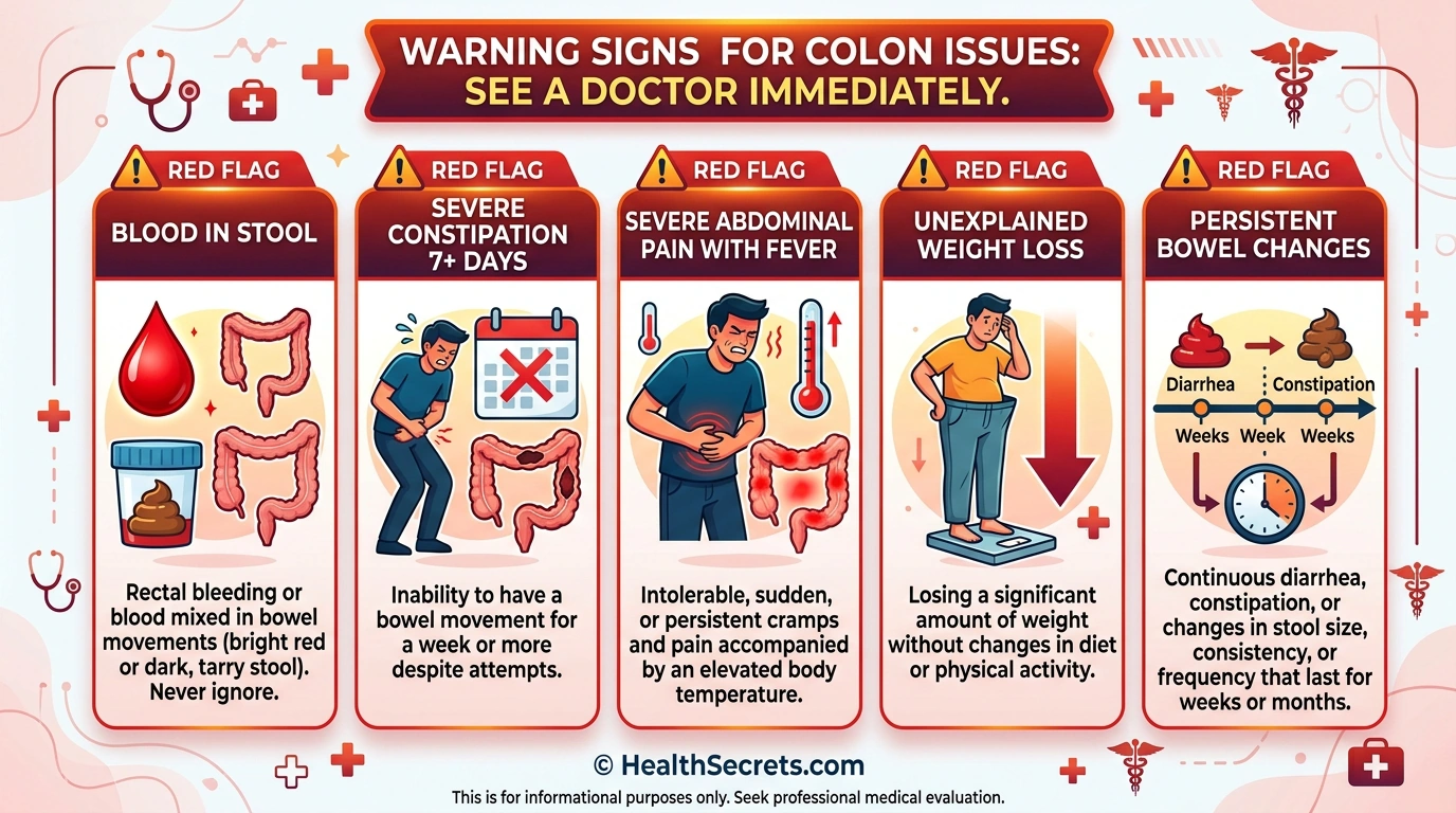 Infographie des signes d'alerte montrant quand consulter un médecin concernant les problèmes du côlon incluant le sang dans les selles et une constipation sévère