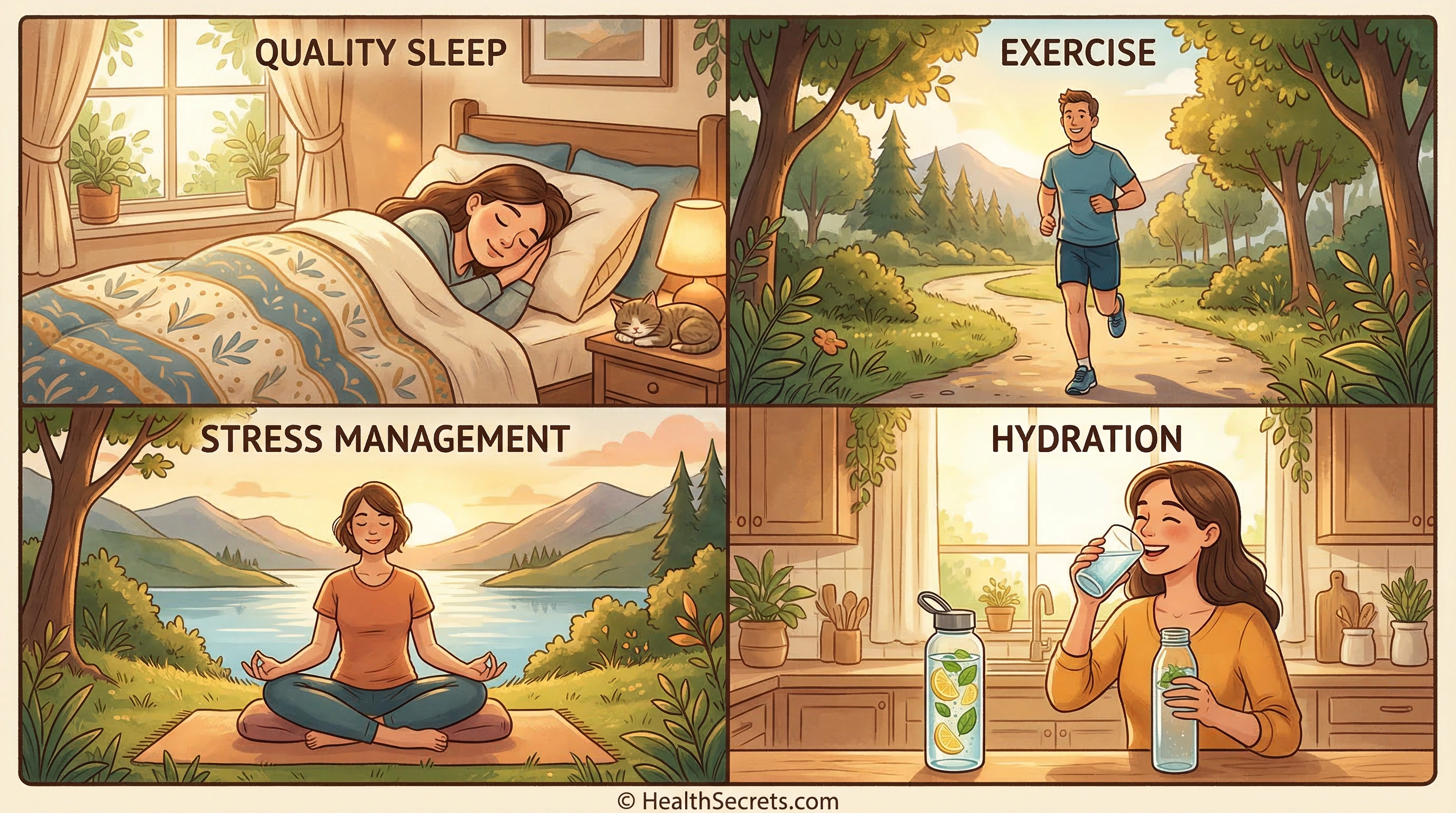 Montage de style de vie montrant des activités de soutien à la détox basées sur des preuves, y compris le sommeil, l'exercice, la méditation et l'hydratation