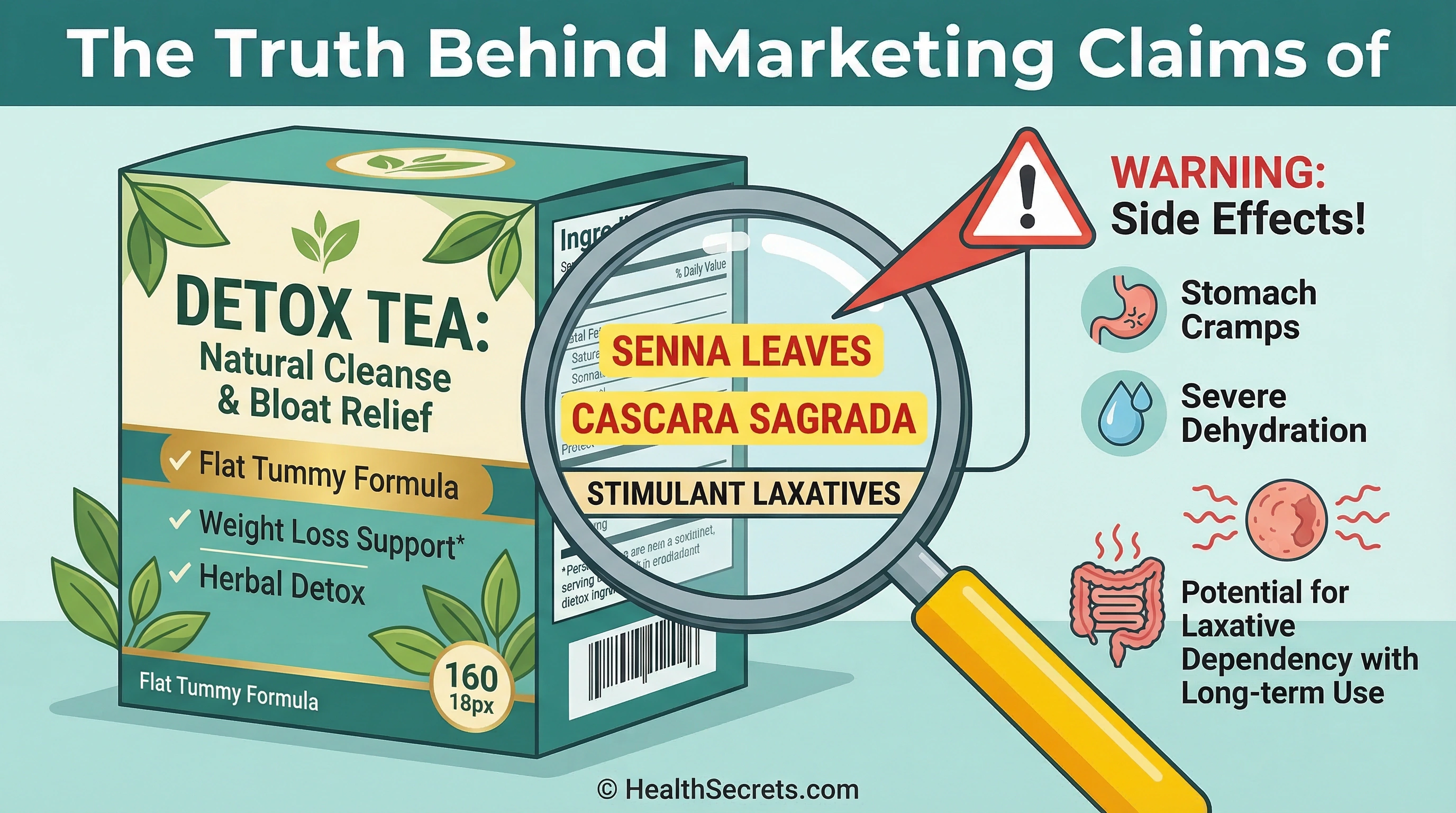 Illustration exposant les ingrédients du thé détox montrant des laxatifs de séné et de cascara sagrada derrière les revendications marketing