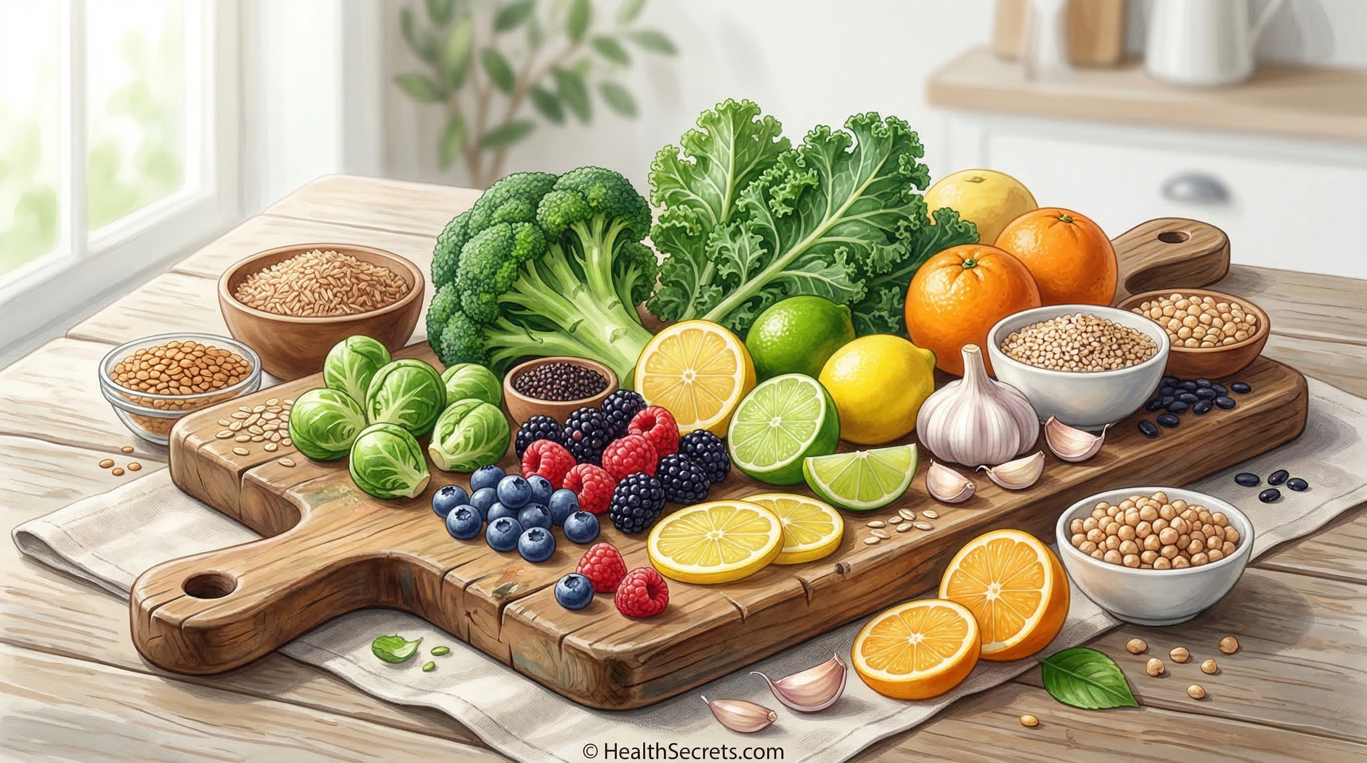 Variété d'aliments de soutien à la détox basés sur des preuves, y compris des légumes crucifères, des baies, des agrumes et des grains entiers