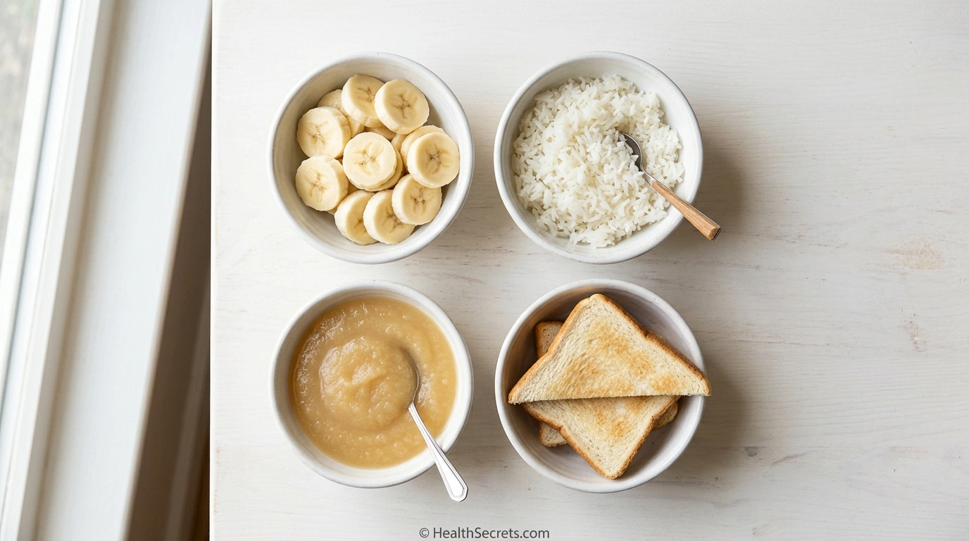 Aliments du régime BRAT pour le soulagement de la diarrhée incluant bananes riz compote de pommes et toast dans des bols séparés