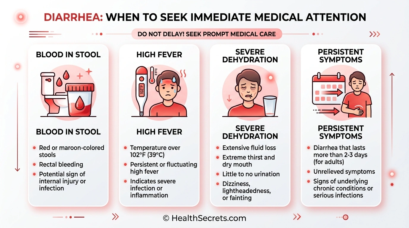 Infographie montrant les signes d'alerte d'une diarrhée dangereuse nécessitant une attention médicale immédiate