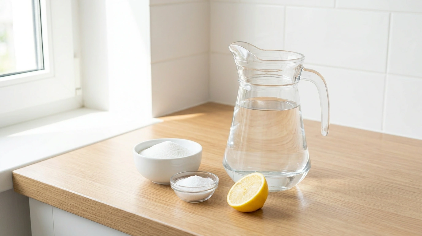 Ingrédients de la recette maison de la solution de réhydratation orale incluant eau sucre sel et citron pour l'hydratation pendant la diarrhée