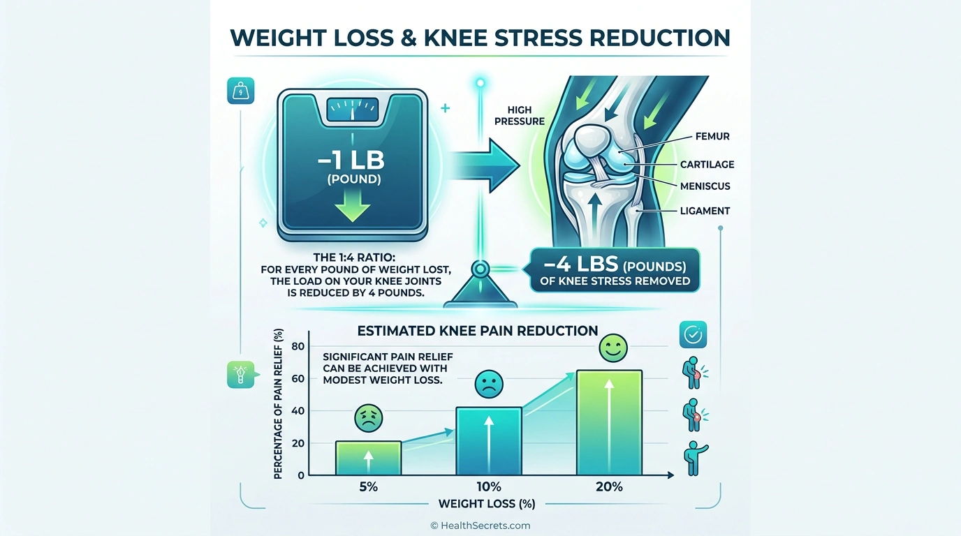 Infografic despre pierderea în greutate și reducerea durerii articulare, arătând că fiecare kilogram pierdut reduce stresul asupra genunchiului cu 4 kilograme