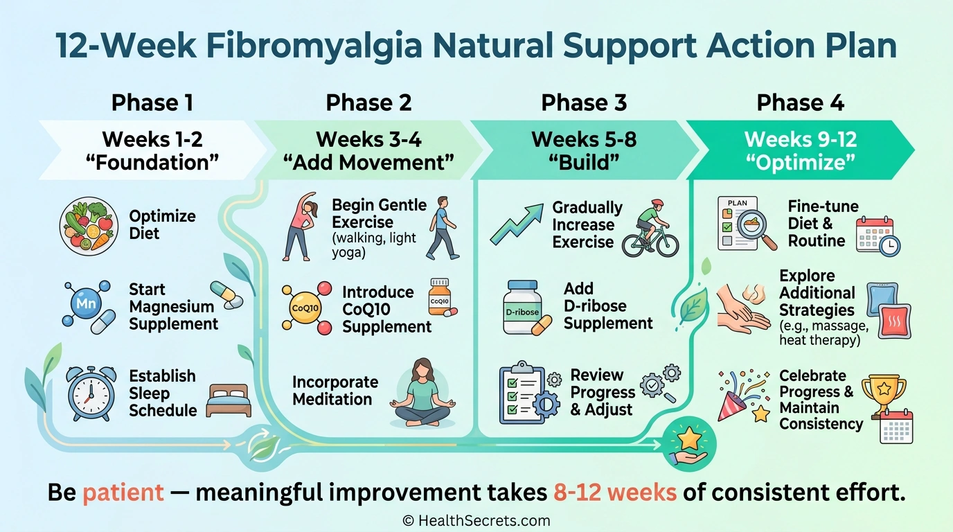 Infografic cronologic arătând planul de acțiune de sprijin natural pentru fibromialgie de la 12 săptămâni de la fundație prin faze de optimizare