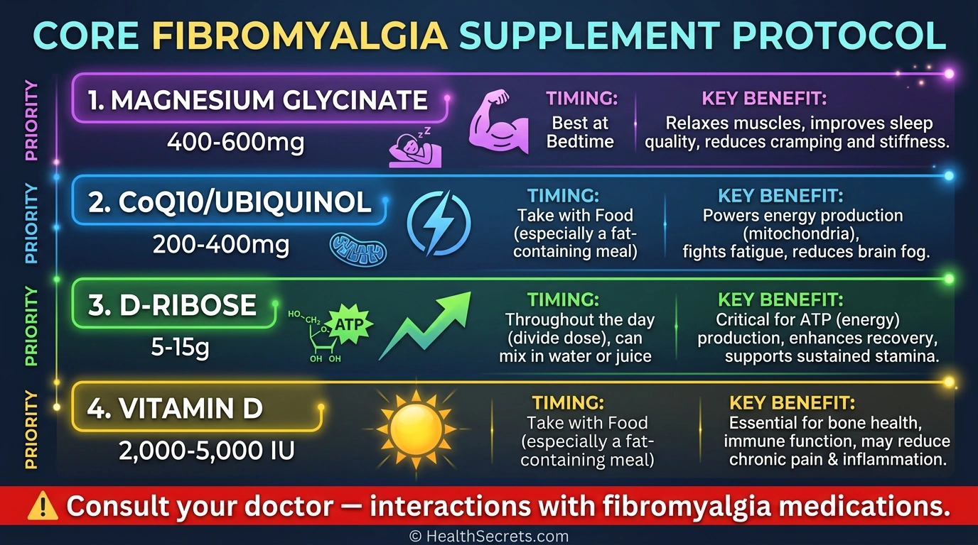 Infografic arătând patru suplimente principale pentru fibromialgie cu doze și timing inclusiv magneziu CoQ10 D-ribose și vitamina D
