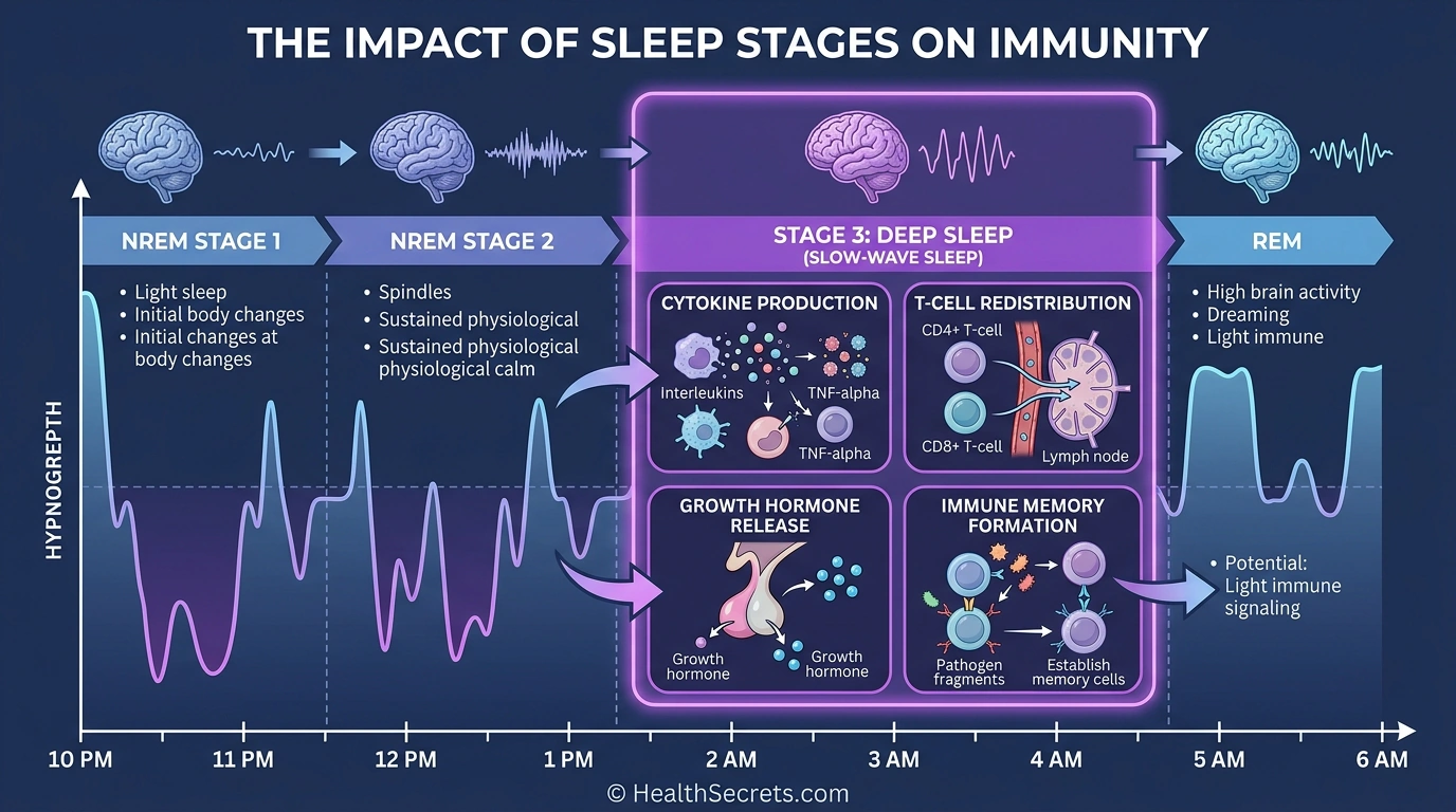 Infografik zeigend Schlafphasen und deren assoziierte Immunsystemprozesse während der Nacht
