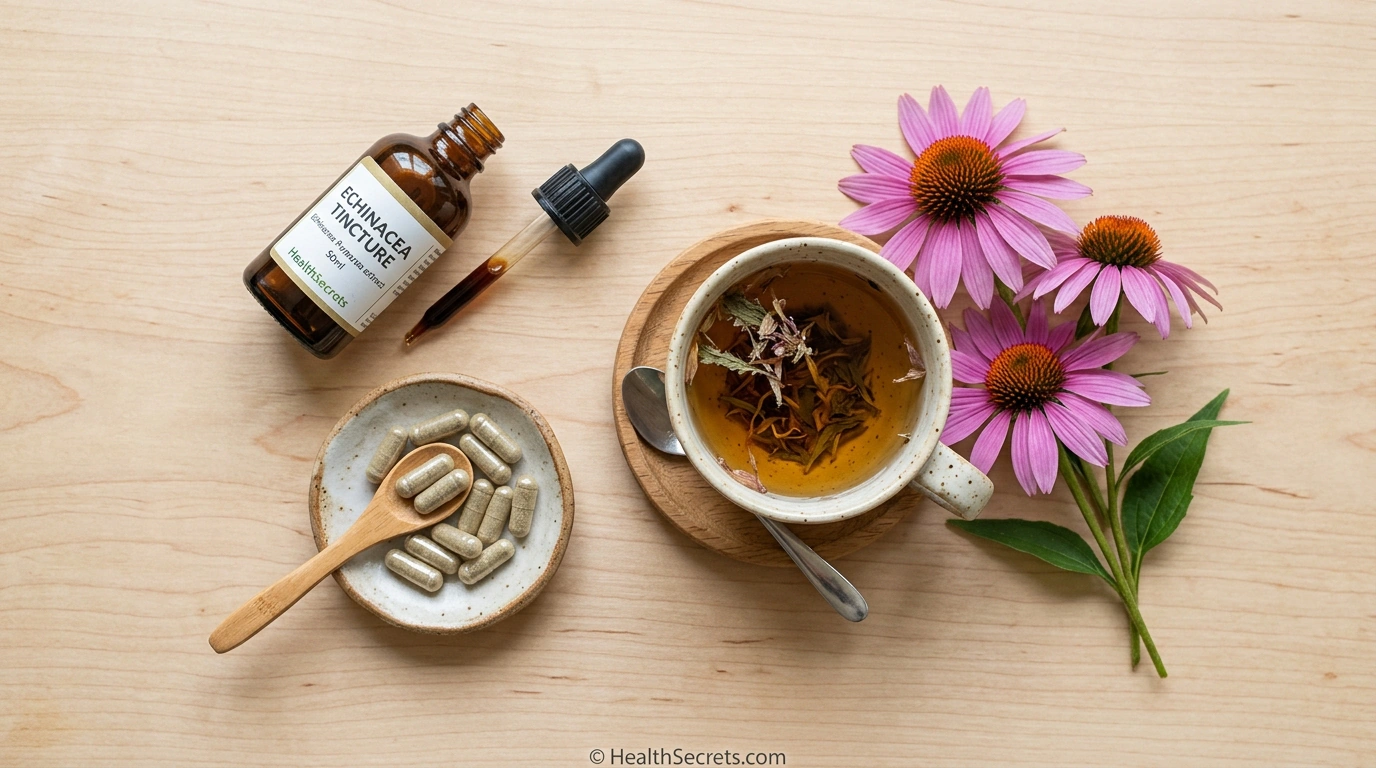 Different forms of echinacea supplements including tincture capsules tea and fresh flowers for immune health