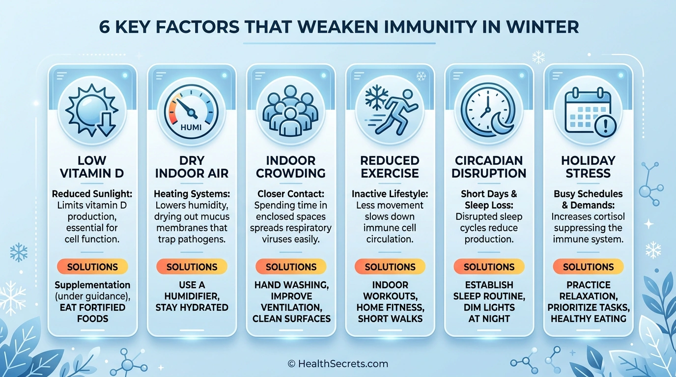 Infográfico mostrando seis fatores que enfraquecem o sistema imunológico no inverno, incluindo deficiência de vitamina D, ar seco, aglomeração em ambientes fechados, redução de exercícios, disrupção circadiana e estresse