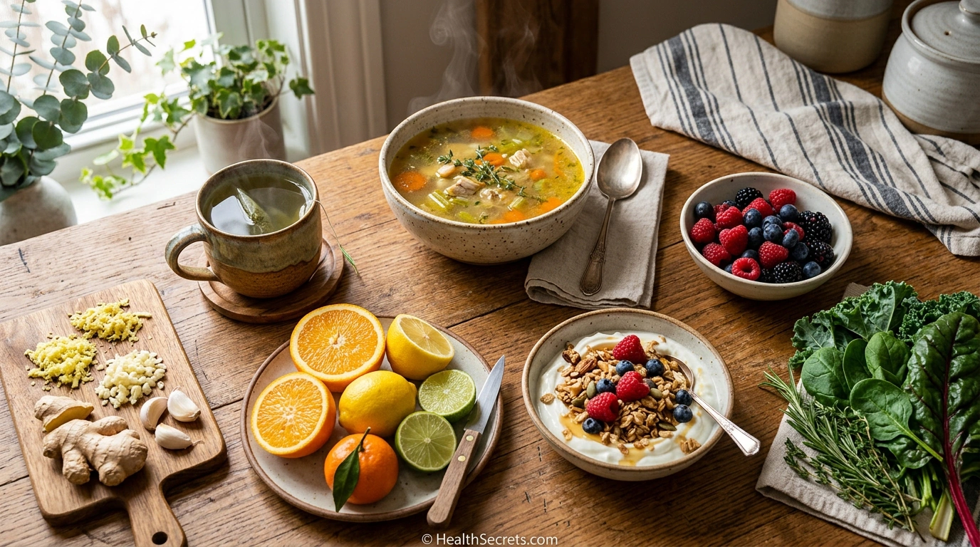 Alimentos de inverno que reforçam a imunidade, incluindo sopa de caldo de ossos, frutas cítricas, alho, gengibre, frutas vermelhas, iogurte e chá verde