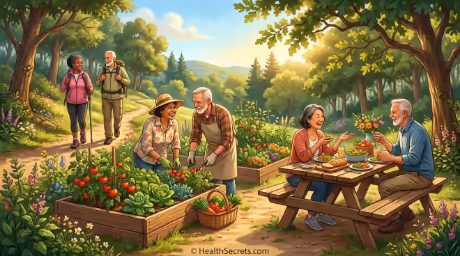 Active diverse seniors enjoying outdoor activities including hiking gardening and socializing representing longevity and healthy aging