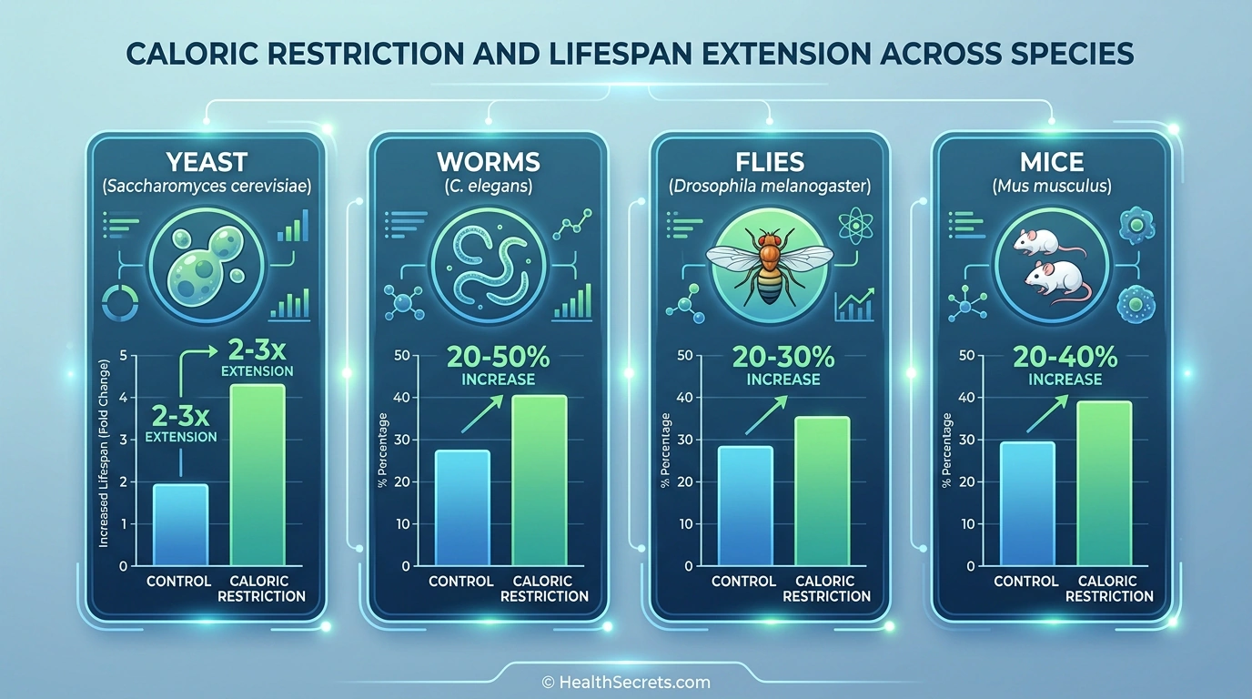 Infografik zur Lebensverlängerung durch Kalorieneinschränkung über verschiedene Spezies hinweg von Hefe bis Mäuse