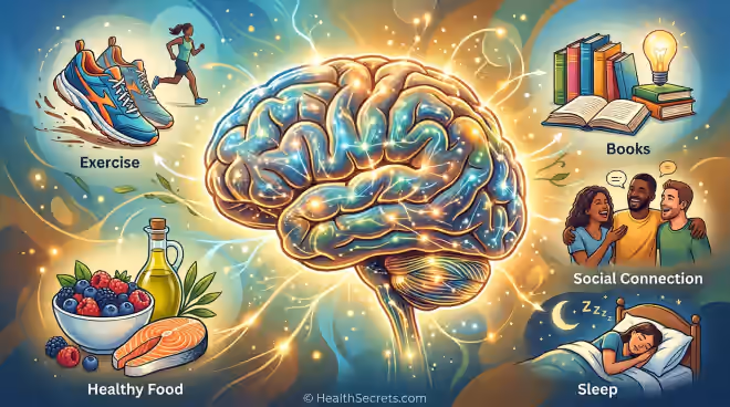 Brain health strategies for cognitive aging prevention including exercise, diet, learning, and social engagement