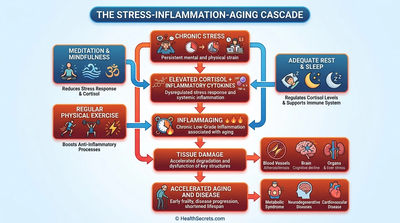 Diagram alur menunjukkan cascade dari stres kronis ke inflammaging hingga penuaan yang dipercepat dengan titik intervensi yang disorot
