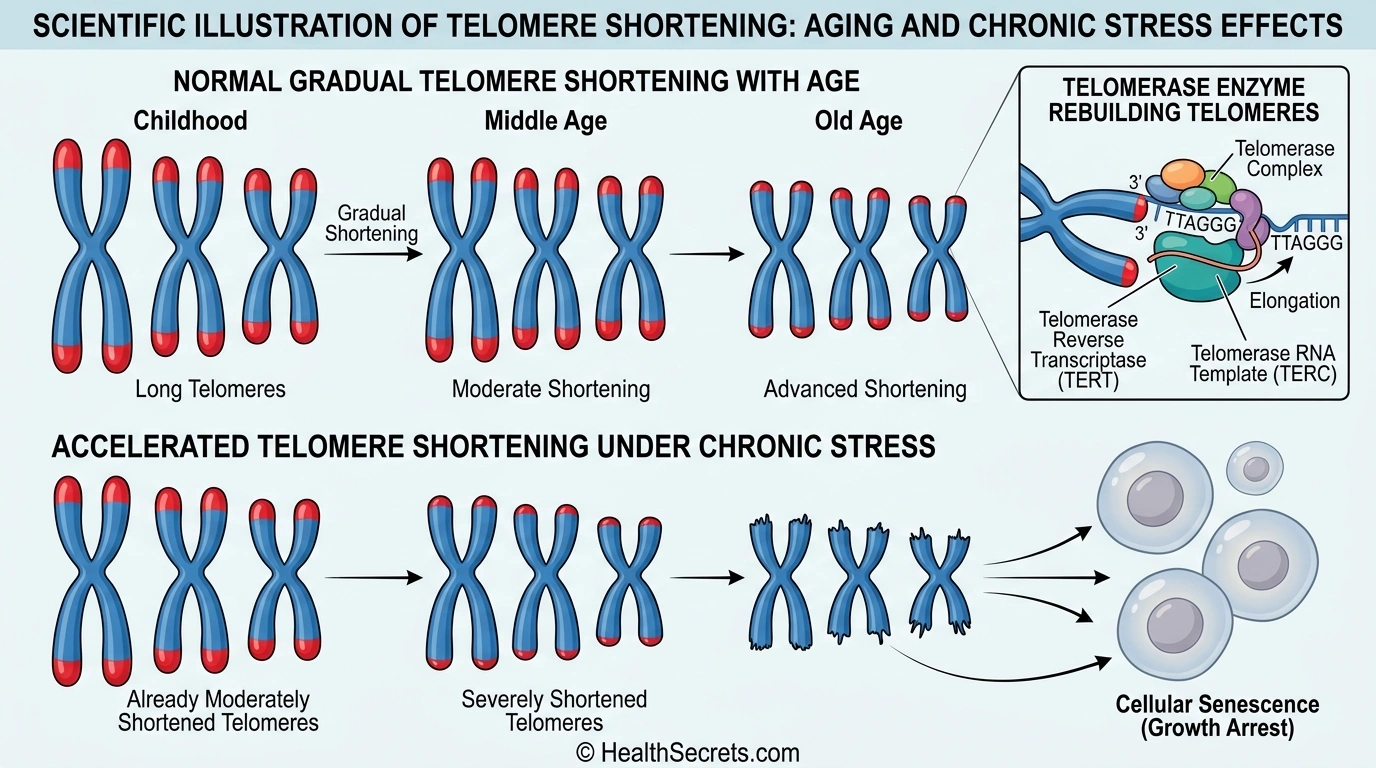 Ilustrasi pemendekan telomer membandingkan penuaan normal dengan pemendekan yang dipercepat akibat stres kronis dengan detail enzim telomerase