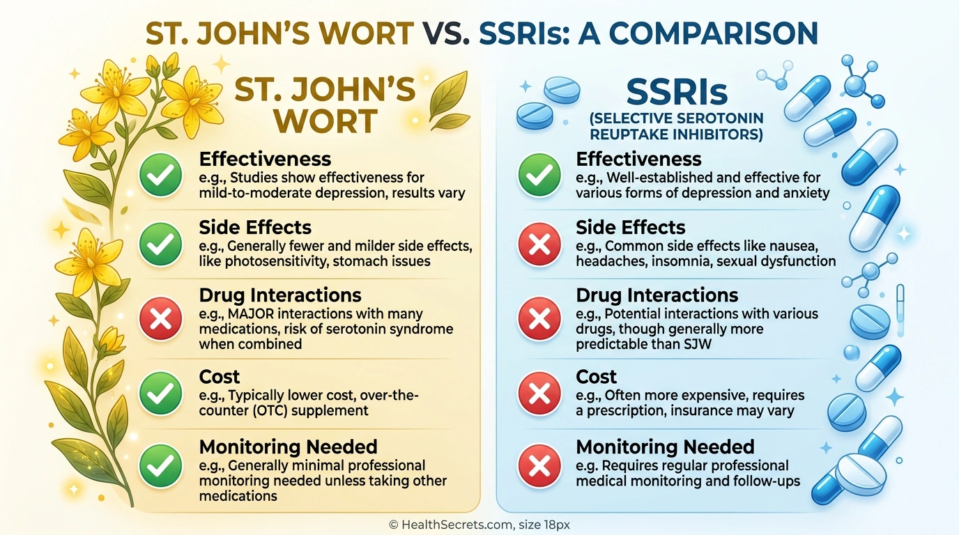 St. John’s WortとSSRIsの効果、副作用、薬物相互作用の横並び比較