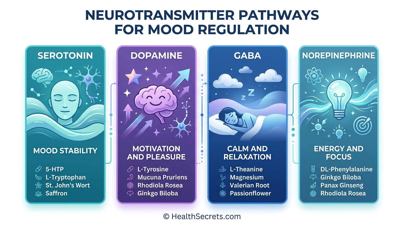 Infografía mostrando cuatro vías de neurotransmisores involucradas en el ánimo y qué suplementos apuntan a cada vía