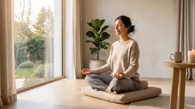 Beginner meditating in seated position on cushion with morning sunlight in peaceful minimalist room