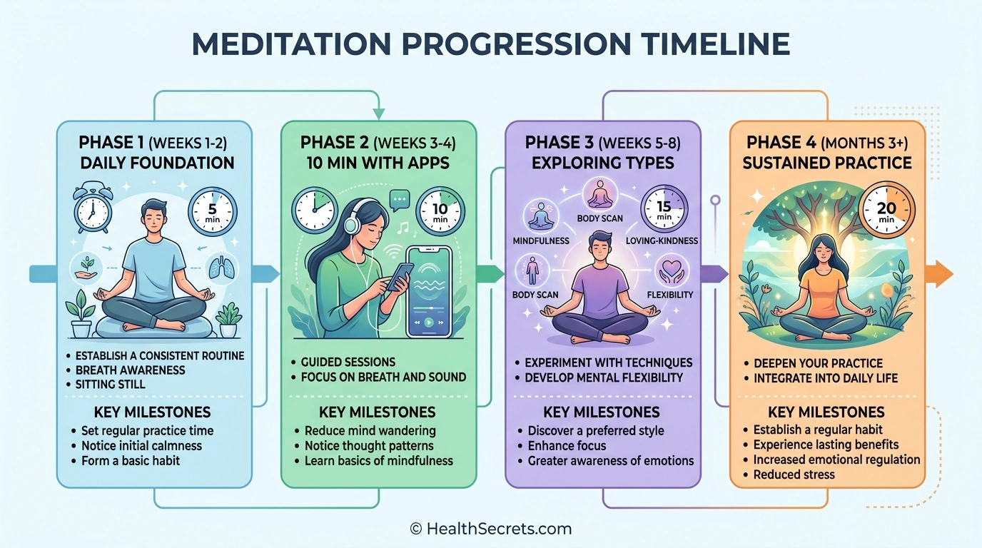 Piano d'azione per principianti sulla meditazione che mostra quattro fasi da 5 minuti al giorno a una pratica sostenuta di 20 minuti in 8 settimane