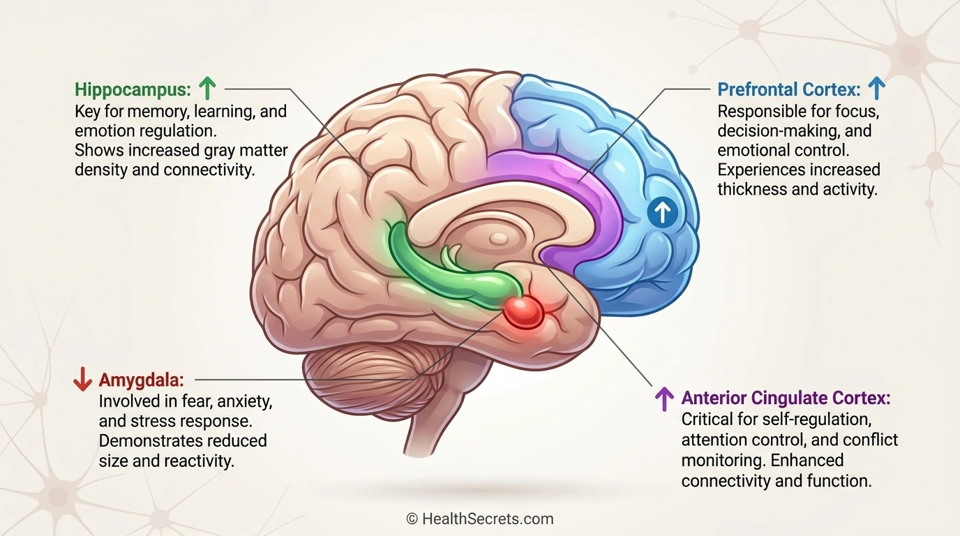 Diagramma del cervello che mostra gli effetti della meditazione su ippocampo, corteccia prefrontale, amigdala e corteccia cingolata anteriore con aumenti e diminuzioni etichettati