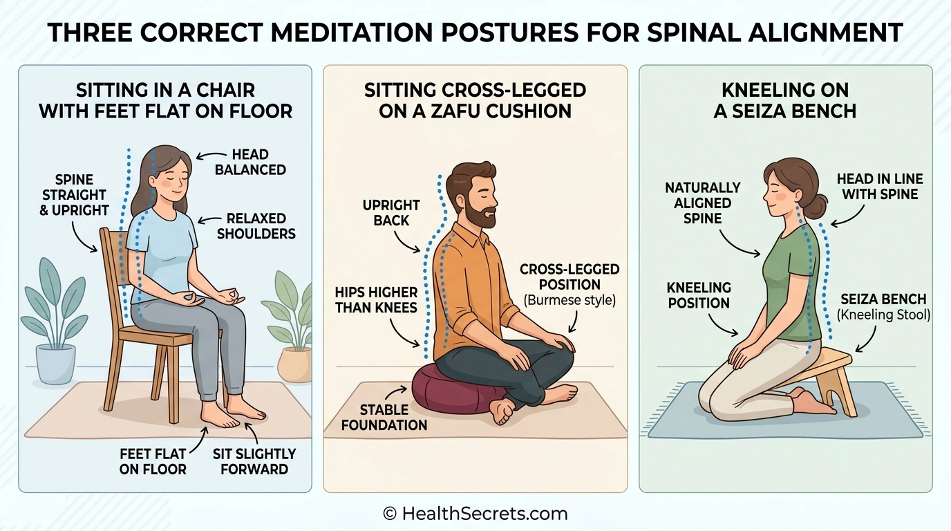 Tre opzioni di postura per la meditazione che mostrano sedia, seduta su cuscino a gambe incrociate e panca inginocchiata con allineamento spinale corretto