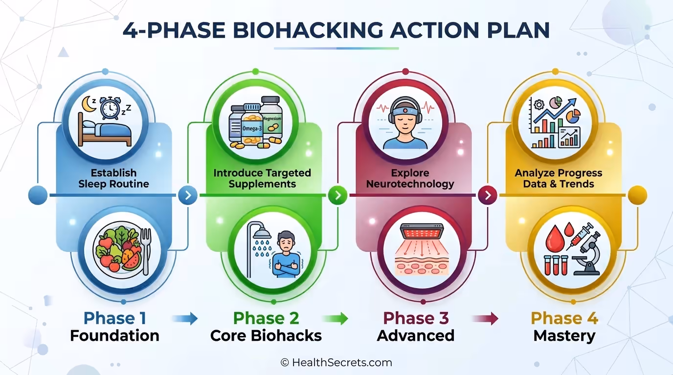 Four-phase biohacking action plan infographic showing progression from foundation to advanced optimization