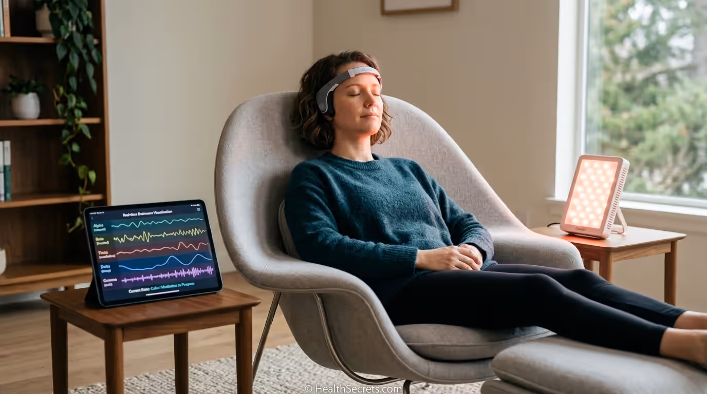 Muse nörofeedback baş bandı ve beyin optimizasyonu için kırmızı ışık terapisi cihazı kullanan bir kişi