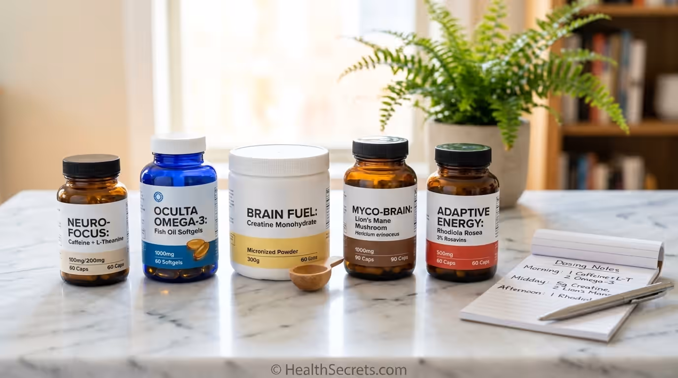 Mental performans için kanıta dayalı nootropik takviyeler, kafein, L-theanine, omega-3, kreatin ve lion's mane içermektedir