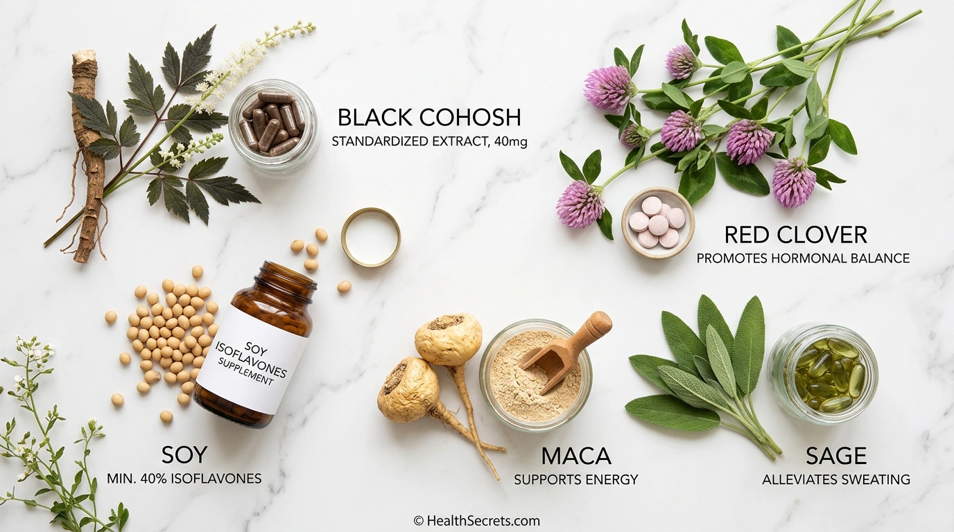 Cinci remedii pe bază de plante susținute de dovezi pentru bufeuri: cohosh negru, izoflavone din soia, trifoi roșu, rădăcină de maca și salvie