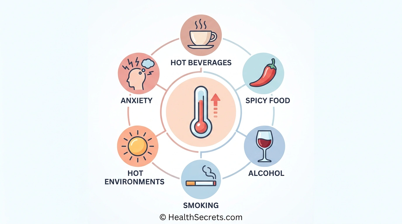 Infografic care arată declanșatoarele comune ale bufeurilor, inclusiv băuturi calde, alimente picante, alcool, fumat și stres