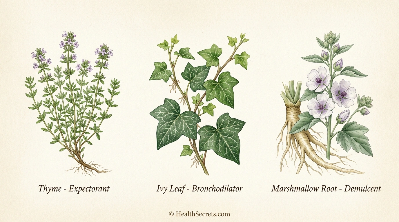 Ilustrații botanice de timpur, frunză de iederă și rădăcină de mallow - trei remedii erbaice pentru tuse bazate pe dovezi