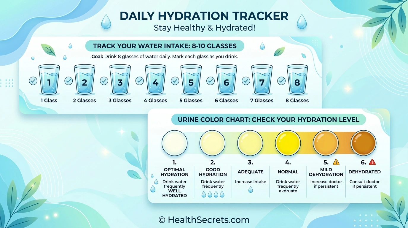 Registro diario de hidratación para la prevención de ITUs que muestra los 8-10 vasos de agua recomendados y una guía de color de orina