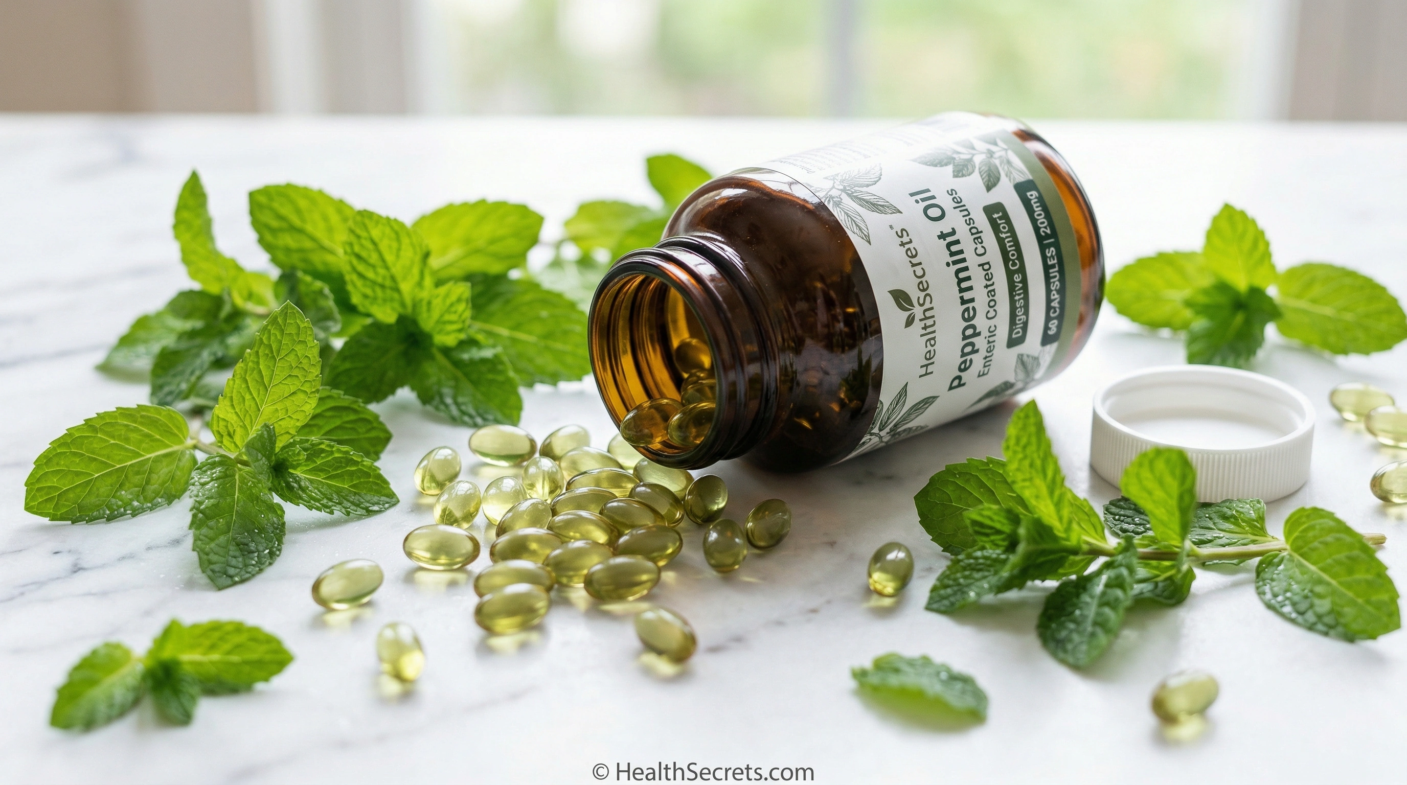 Capsulas de aceite de menta con recubrimiento entérico y hojas frescas de menta para alivio natural del gas y la hinchazón