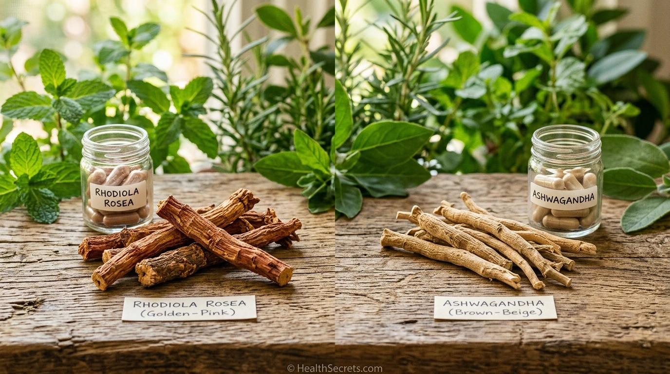 Akar rhodiola rosea dan akar ashwagandha berdampingan dengan bentuk kapsul suplemen mereka untuk penghilang kelelahan alami