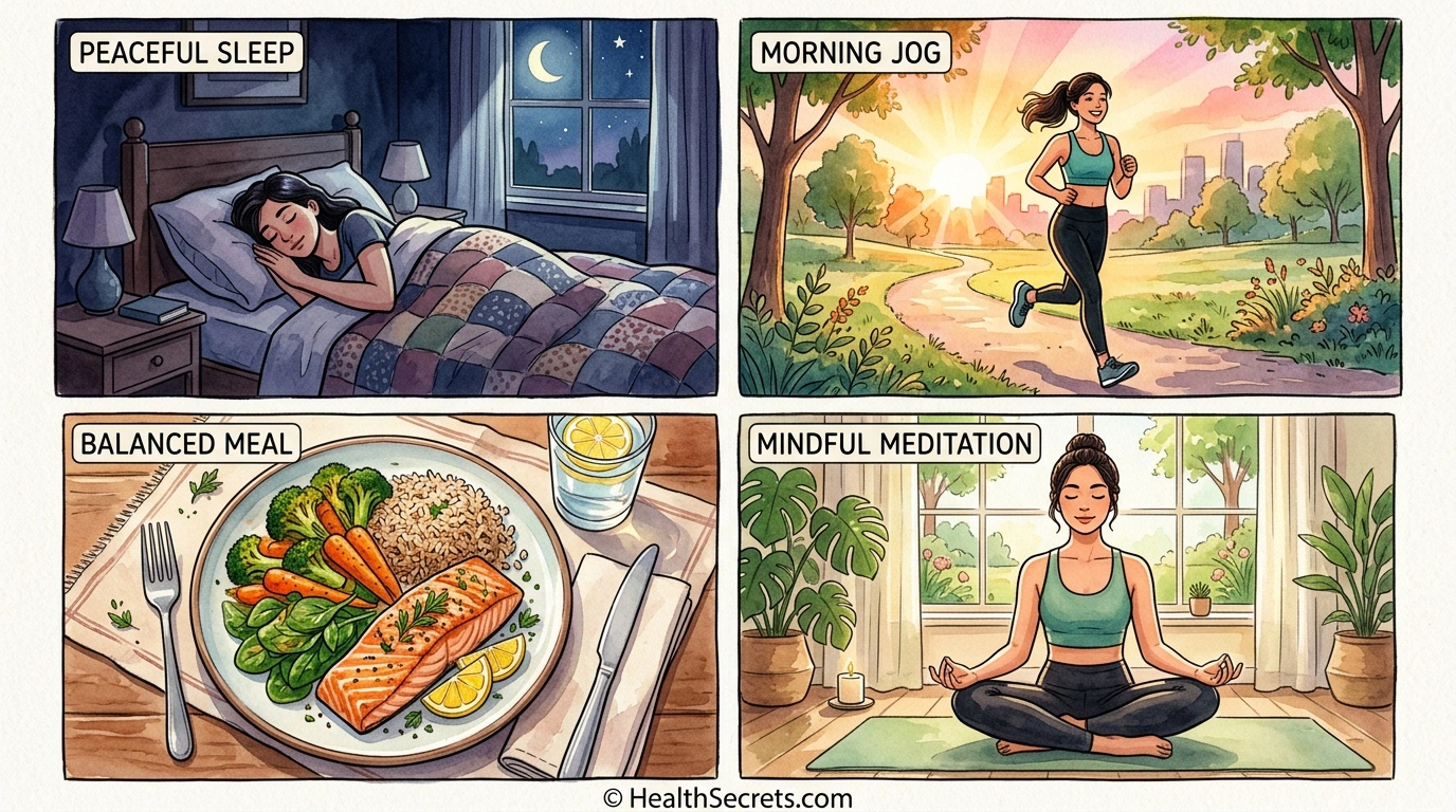 Empat modifikasi gaya hidup untuk energi alami: tidur berkualitas, olahraga pagi, nutrisi seimbang, dan manajemen stres