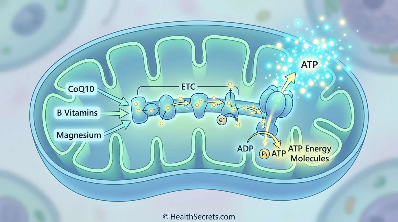 Ilustrasi produksi energi mitokondria menunjukkan bagaimana CoQ10, vitamin B, dan magnesium mendukung sintesis ATP