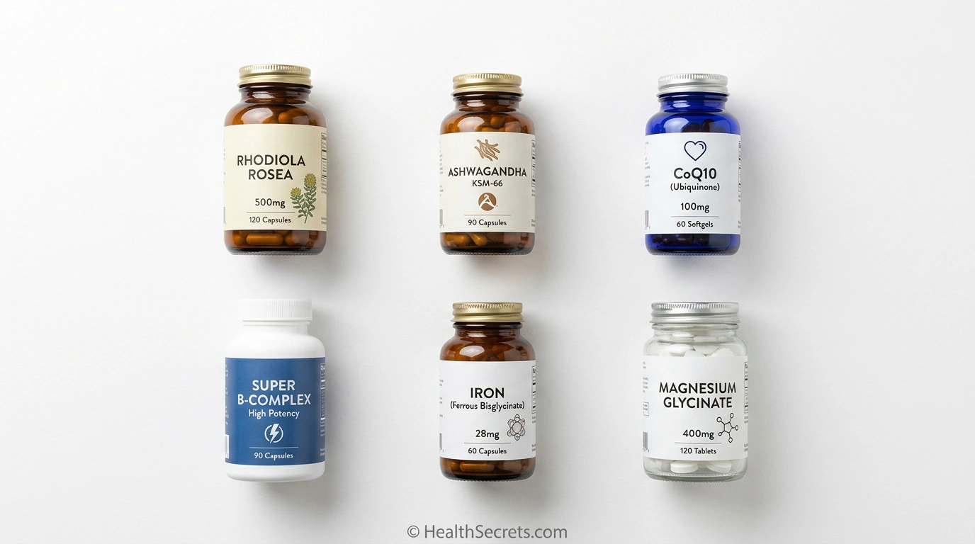 Enam suplemen alami yang direkomendasikan untuk kelelahan termasuk rhodiola, ashwagandha, CoQ10, kompleks B, zat besi, dan magnesium