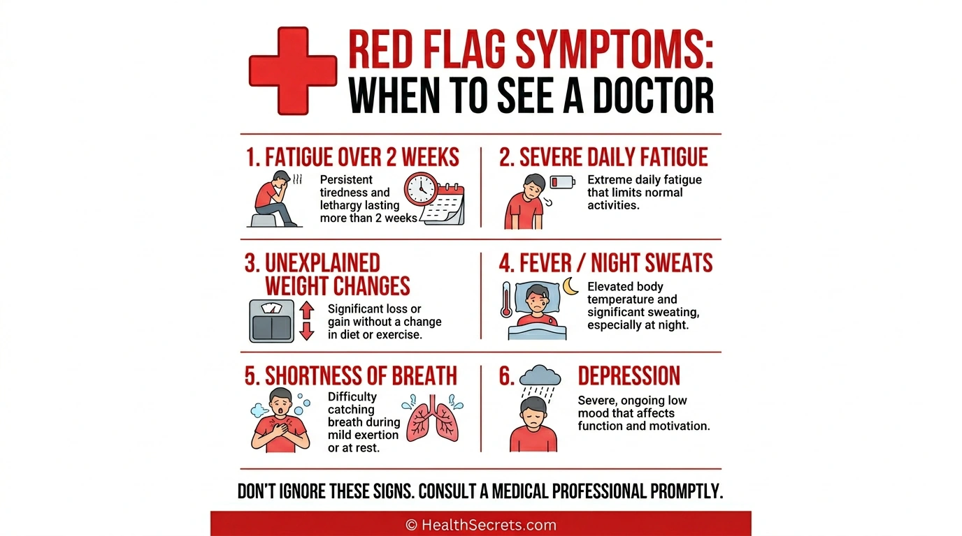 Infografis tanda peringatan menunjukkan kapan harus melihat dokter untuk kelelahan termasuk gejala persisten dan indikator bendera merah